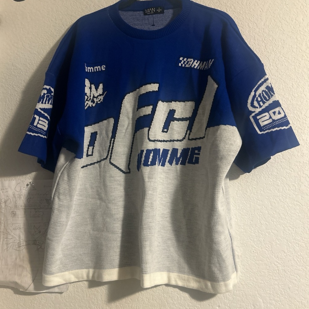 Homme Blue and White Graphic Jersey Shirt